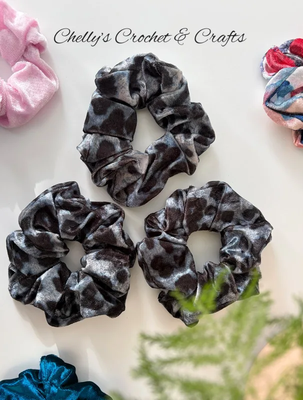 Grey leopard print velvet scrunchie