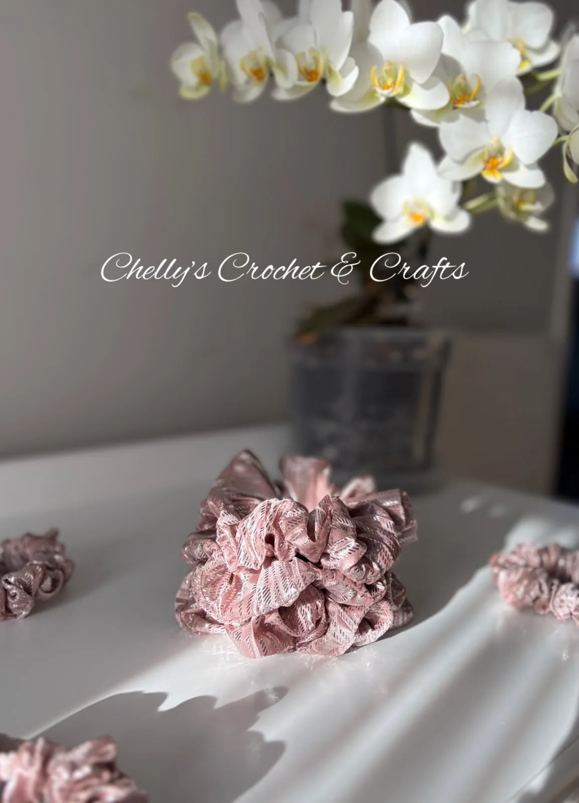 Dusty pink & silver satin scrunchie
